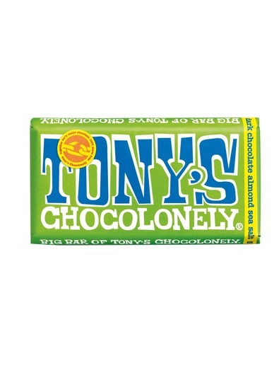 Tony's Chocolonely Fairtrade dark chocolate with at least 51% cacoa solids and almonds and seasalt 240g