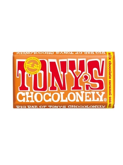 Tony's Chocolonely Fairtrade milkchocolate with at least 32% cacao solids and caramel and seasalt 240G