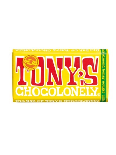 Tony's Chocolonely Fairtrade milkchocolate with at least 32% cacoa solids and nougat. Made in Belgium. 240g