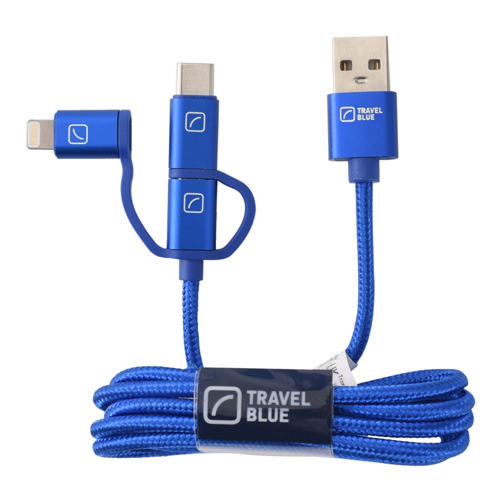 Travel Blue 3-in-1 Charge Cable - USB to Micro USB,Type C & Lightning - Blue