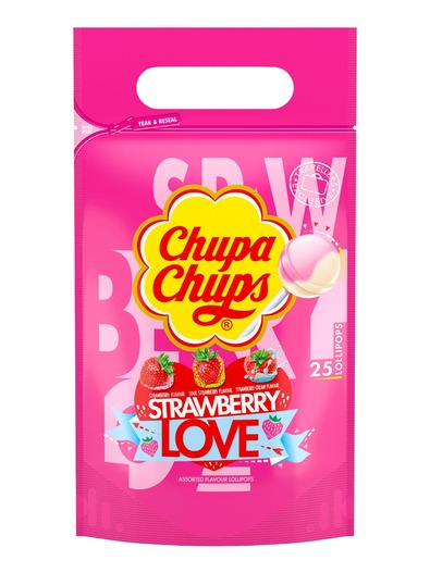 Chupa Chups lollipops with the flavours of strawberry, strawberry-cream & sour strawberry.