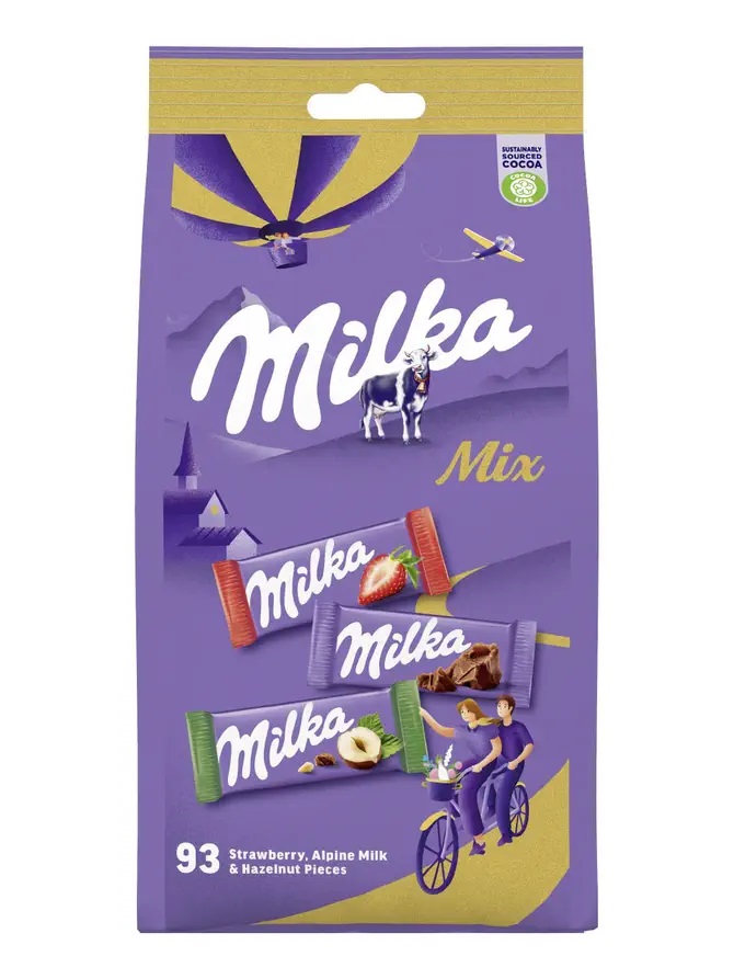 Milka chocolate individually wrapped and coming in 3 flavours: Alpine Milk, Strawberry and Hazelnut 450G