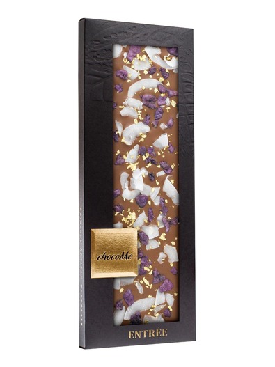 CHOCOME MILK CHOCOLATE WITH CRYSTALLIZED VIOLET PETALS COCONUT SHAVINGS AND WITH GENUINE 23 KARAT GOLD CRUMBS