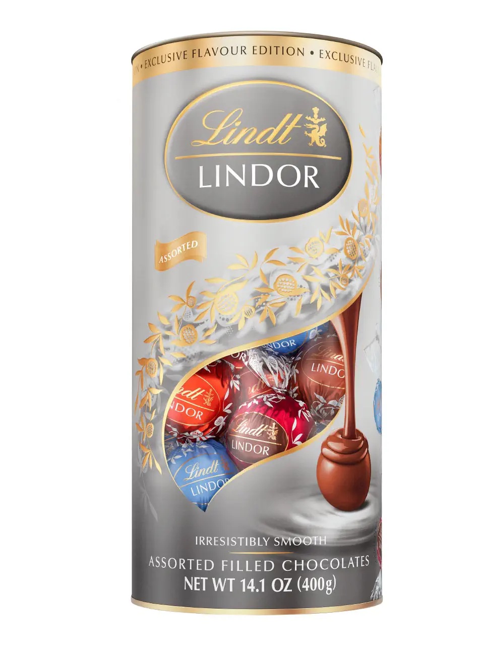 Lindt Lindor Tube silver with four flavours (milk, hazelnut, milk and white, double chocolate) 400g