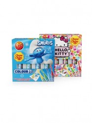 Chupa Chups set with 4 strawberry lollies, 4 marker pens and 1 colouring book - Smurfs or Hello Kitty 48g